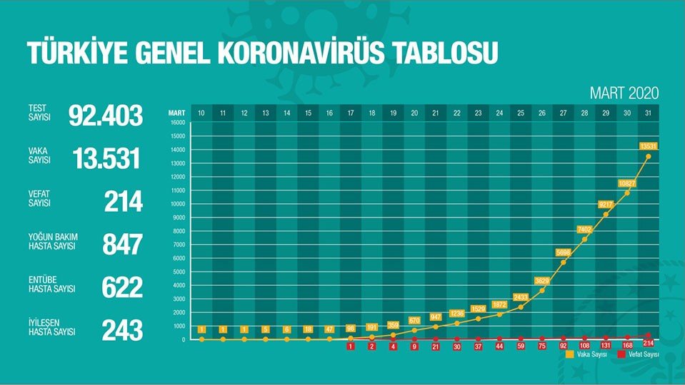 Corona Virüs 31 Mart 2020 Detaylı istatistikler