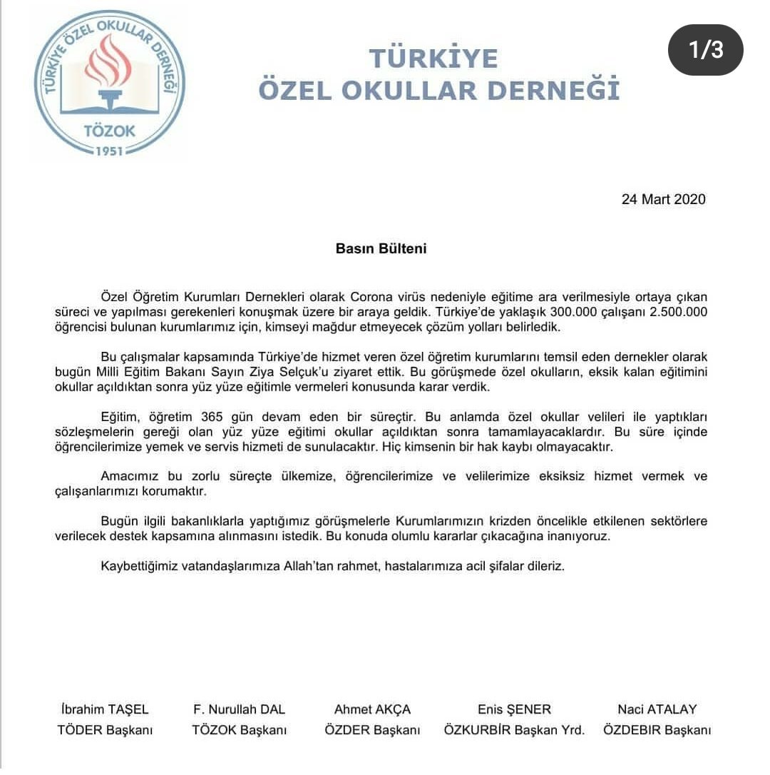turkiye ozel okullar dernegi koronavirus karari