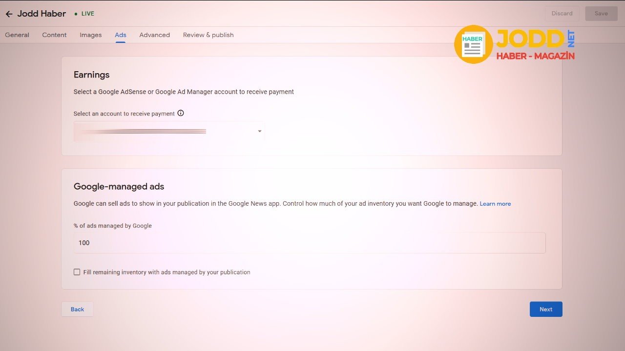 8. aşama Google Haberler'e Adsense hesabınızı bağlama