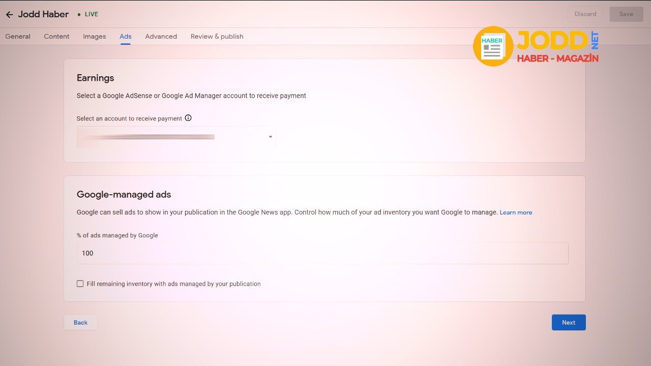 8. aşama Google Haberler'e Adsense hesabınızı bağlama