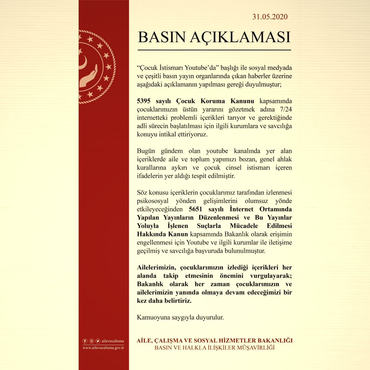 Çocuk istismarı bakanlık açıklama