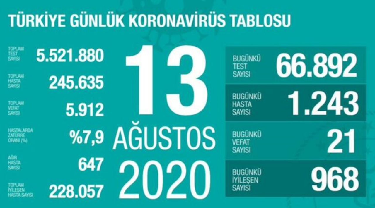 13 Ağustos 2020 koronavirüs rakamları
