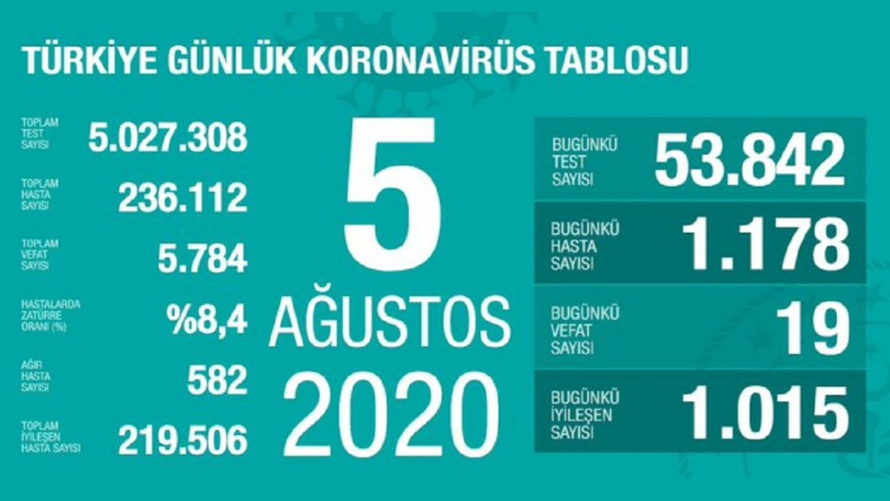 5 Ağustos 2020 koronavirüs tablosu