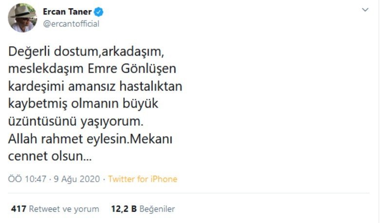 Ercan Taner, Emre Gönlüşen'in vefat haberi